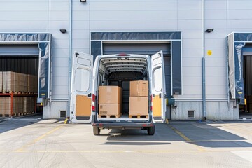 A white van with stacked boxes in the back