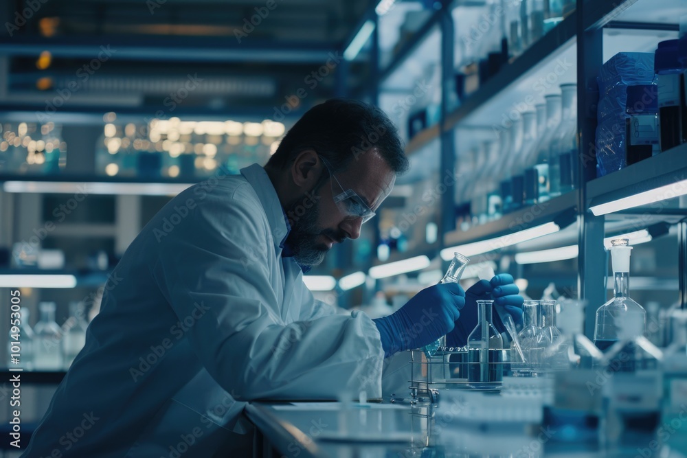 Poster a scientist in a lab coat works on an experiment or project at a laboratory bench