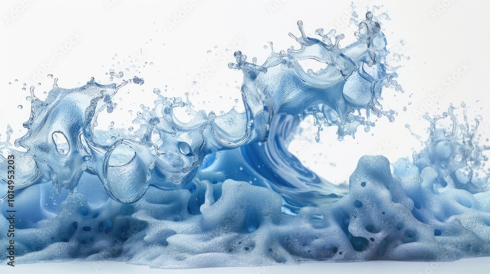 Poster a large wave of water splashes onto a white surface, creating a dynamic and energetic scene
