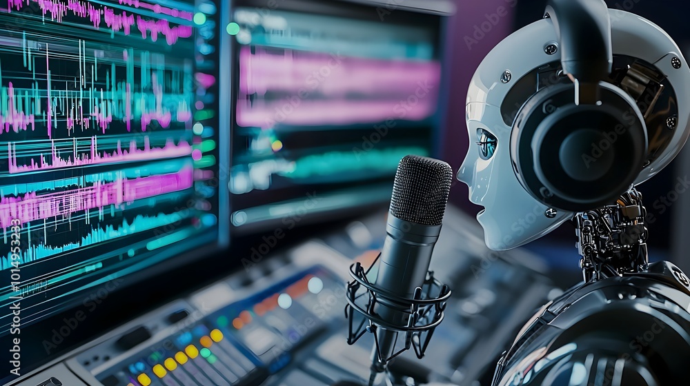 Poster robot singing in a professional recording studio with digital sound waves