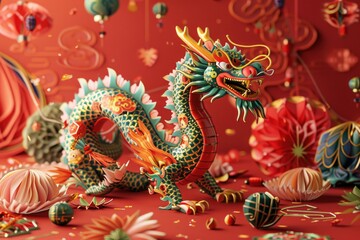 Obraz premium A small dragon figurine surrounded by other decorative items