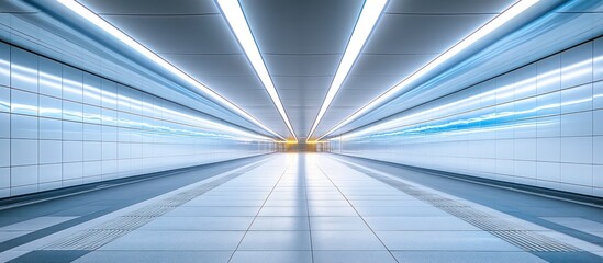 Futuristic white corridor with bright lights.