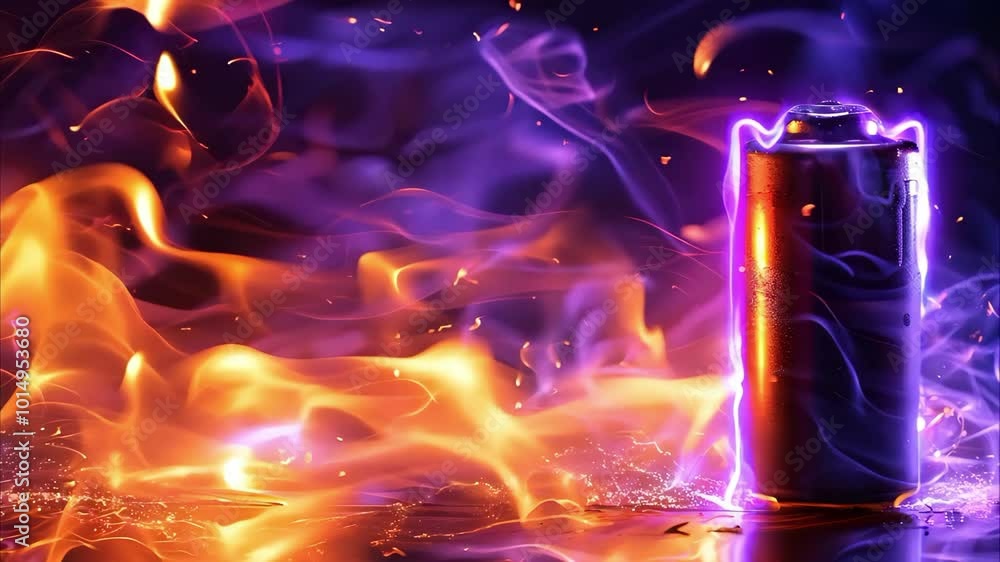 Poster a vibrant scene featuring a canister surrounded by colorful flames and swirling smoke, creating a dy