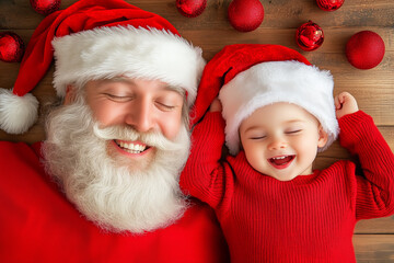 A joyful moment of a father and child dressed as Santa celebrating Christmas together