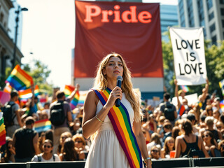 Young woman speaking at LGBTQ pride rally with rainbow sash, surrounded by crowd and pride flags

