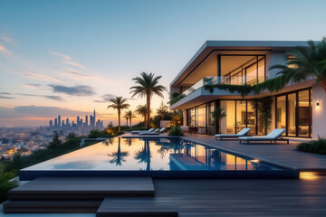 Fototapeta premium Stunning modern house with infinity pool captured at sunset overlooking a city skyline.