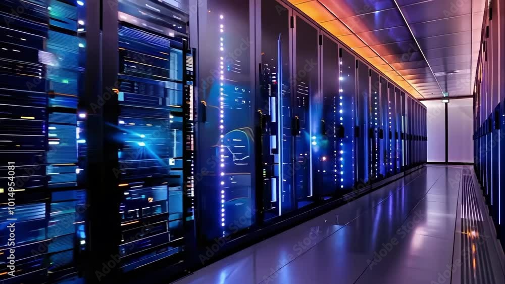 Aufkleber a corridor of a modern data center with rows of server racks illuminated by blue lights.