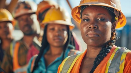 Fototapeta premium Group of construction workers on a building site wearing protective gear, hard hats, and vests