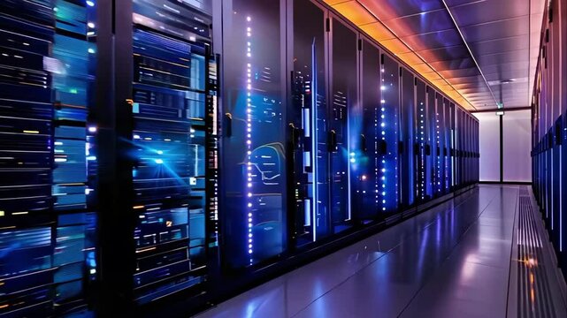 A corridor of a modern data center with rows of server racks illuminated by blue lights.
