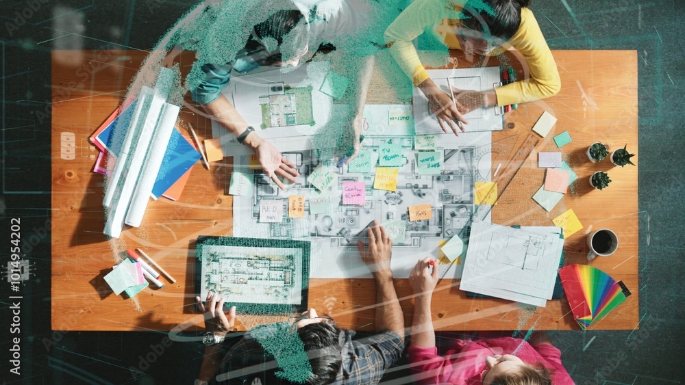 Aufkleber top down view of business team with casual outfit looking laptop screen and sharing idea. aerial vie