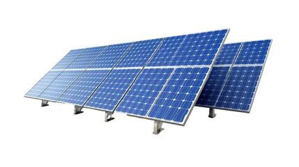 A row of solar panels are lined up on a white background.on a transparent background. PNG format
