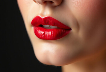 Obraz premium A close-up of a woman's attractive lips with red lipstick.