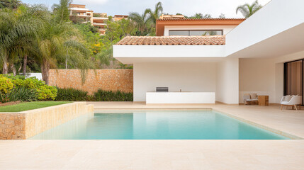 Modern tropical villa featuring an inviting pool and lush greenery under a clear sky