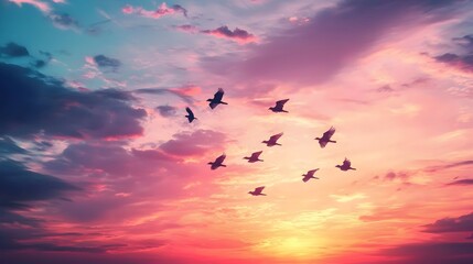 Obraz premium Synchronized Bird Formation Silhouetted Against Vibrant Sunset Sky