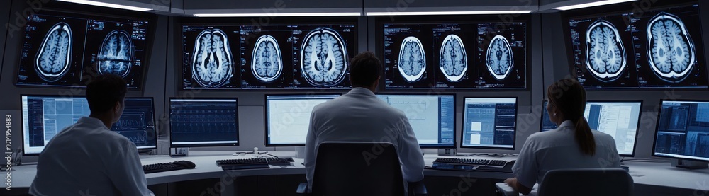 Aufkleber three doctors in a dimly lit medical lab are reviewing brain scans displayed on multiple monitors.