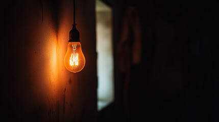 Dark empty room with single flickering light bulb casting long shadows, emphasizing absence of power and eerie atmosphere, minimalist setting with focus on light bulb's glow.
