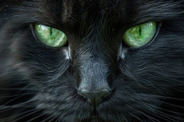 A close-up shot of a black cat's face with striking green eyes
