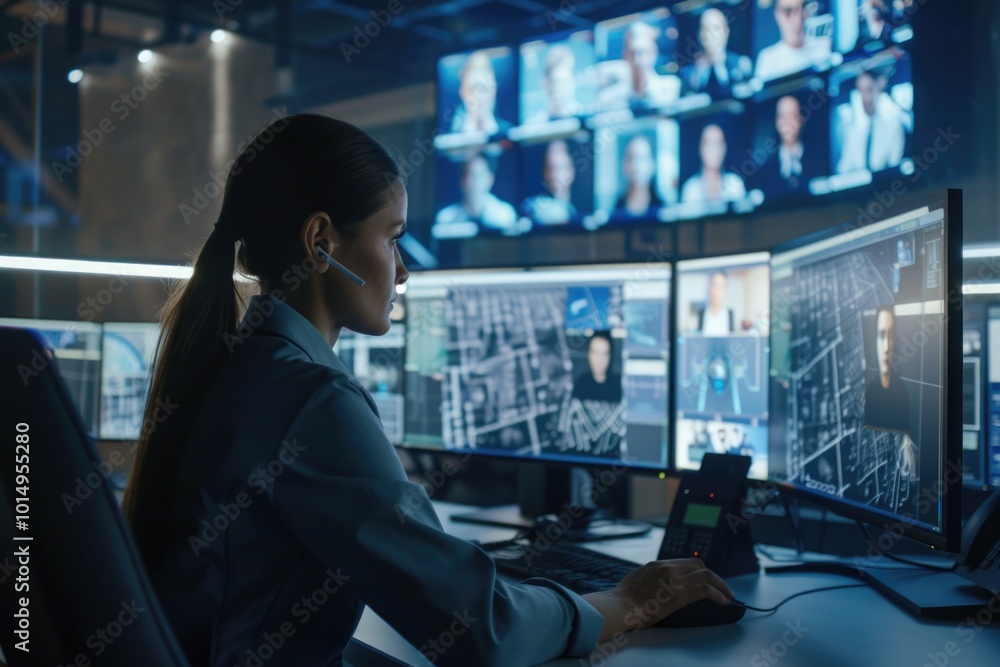 Poster a person sits in an office environment with several computer screens in front of them, possibly doin