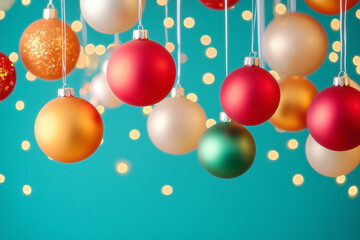 Fototapeta premium Colorful Christmas ornaments hanging against a bright blue background with twinkling lights