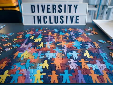 Rompecabezas de siluetas humanas de diversos colores conectados entre s&iacute; como concepto inclusivo de diversidad
