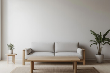 Minimalist living room with a simple wooden sofa and potted plants, creating a calm and natural interior design. Clean, airy, and peaceful space emphasizing simplicity and natural elements