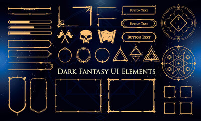Set of Dark Fantasy Elements for user interface, poster, video. Fantasy magic HUD. Template for rpg game interface. Vector Illustration EPS10