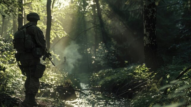 A man stands in a forest holding a rifle, perfect for outdoor scenes or hunting themes