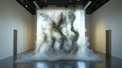 Ethereal Figures Dancing in Smoke-Filled Gallery