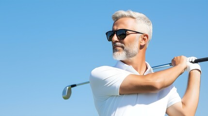 Senior golfer preparing to swing under blue sky.