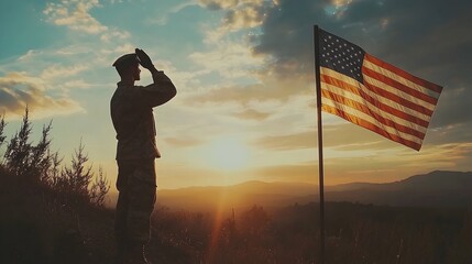 Patriotic Soldier Saluting American Flag at Sunset