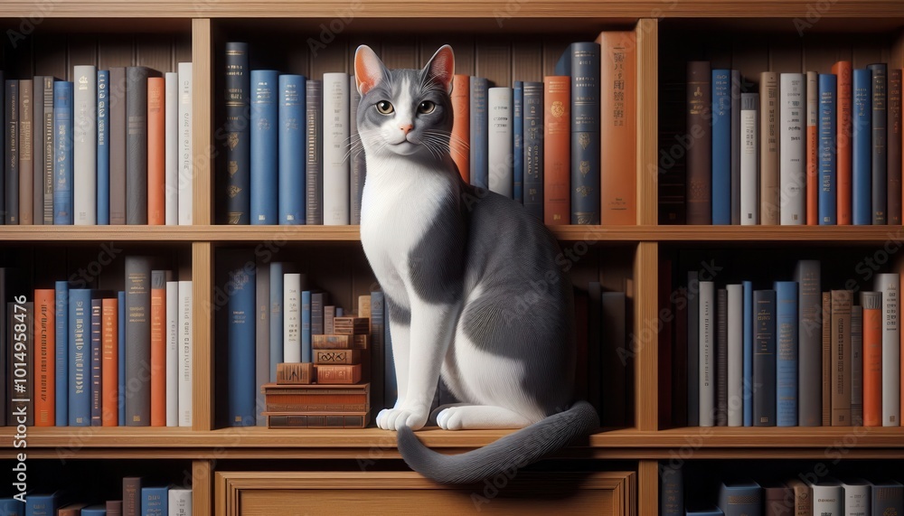 Poster a cat sits on a bookshelf surrounded by various books, creating a cozy reading atmosphere.