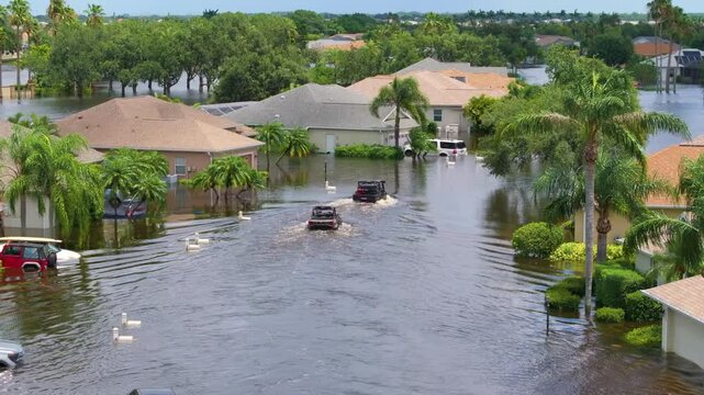 Hurricane Debby tropical rainstorm flooded cars and residential homes in suburban community in Sarasota, Florida. Aftermath of natural disaster