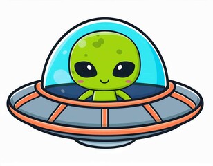 Cute Alien t With Spaceship UFO Vector Illustration Flat Cartoon Style