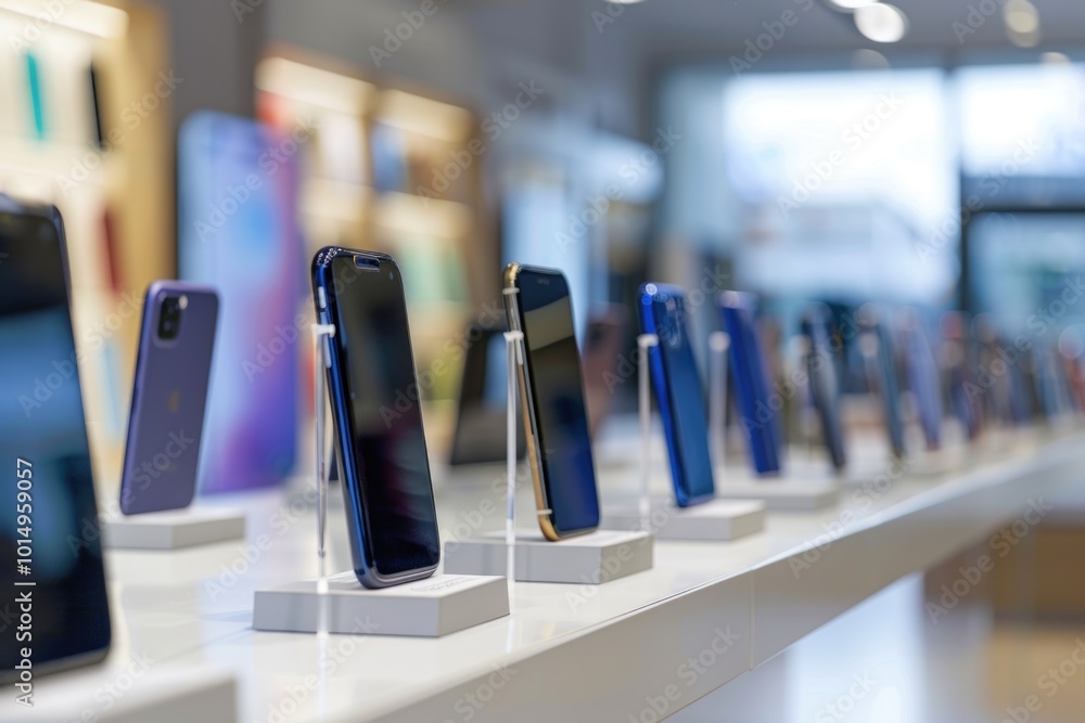 Poster row of cell phones on display in a store, perfect for e-commerce or tech-related use