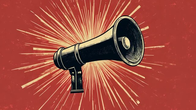 A vintage illustration of a megaphone with a red background and white rays