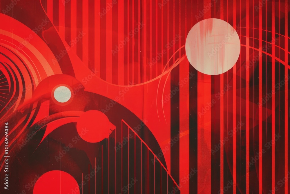Poster abstract artwork featuring red and black colors, circular shapes, and linear patterns