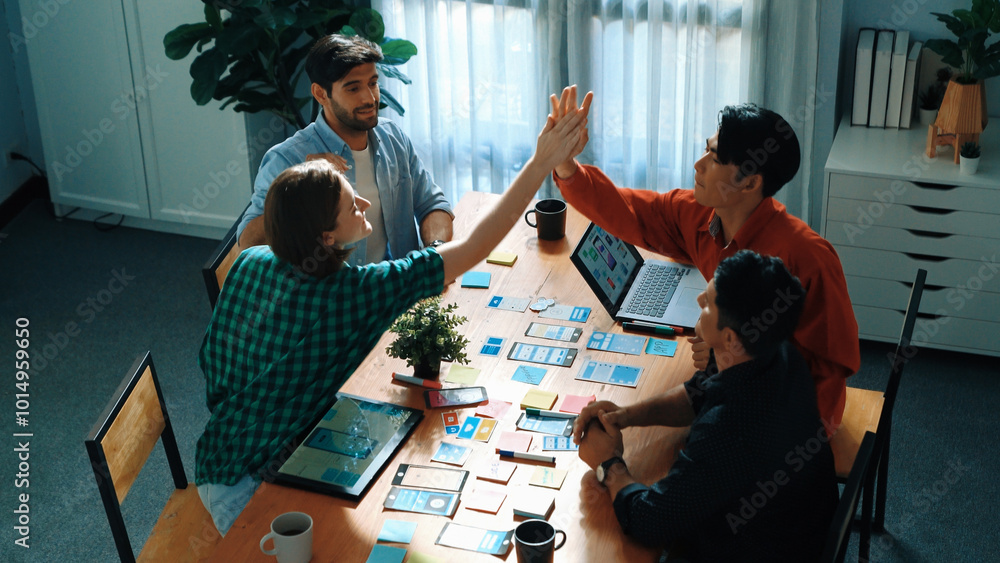 Poster top view of creative team giving high five to celebrate increasing sales or successful idea. group o