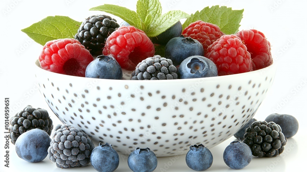 Wall mural A bowl of fresh raspberries, blackberries, and blueberries.