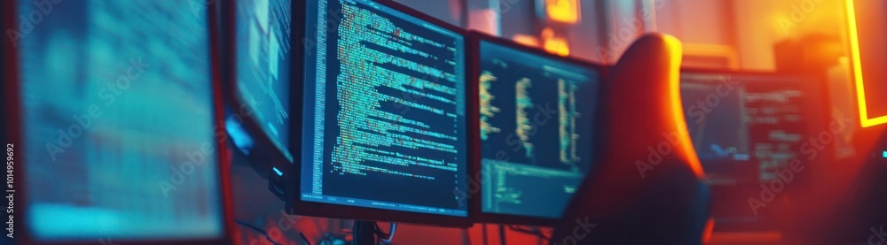 Aufkleber close-up of computer monitors displaying code, with an out-of-focus gaming chair in the foreground.