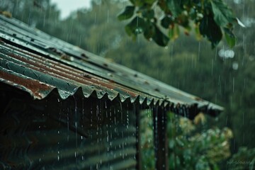 A close-up shot of a roof with rain falling from the sky, creating a rhythmic sound