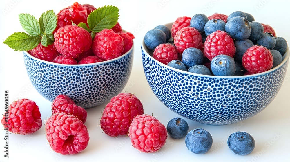 Wall mural A bowl of fresh raspberries and blueberries on a white background.