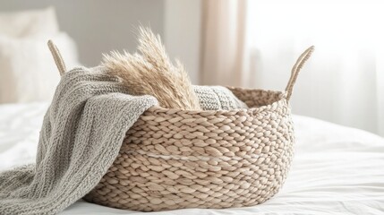 Obraz premium A stylish storage basket with soft textures, displayed empty on a white background, emphasizing organization and home aesthetics.