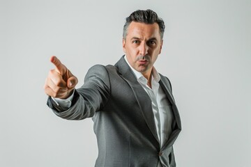 A businessman in a suit points at the camera with a gesture of importance