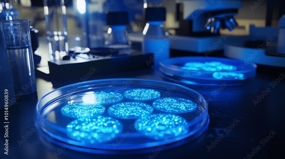 Poster a petri dish with blue, glowing cells in the center of the image is on a black countertop. another p