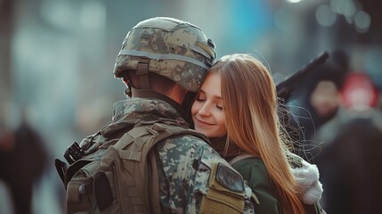 Fototapeta premium Soldier Embraces Loved One in Heartwarming Reunion