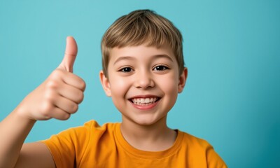 Young child, big smile, thumbs up gesture studio background