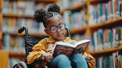 A young girl sitting in a wheelchair, engrossed in a book