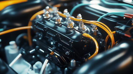 Fototapeta premium Close-Up of Fuel Runtime Wax Device on Car Engine with Wires in Automotive Service