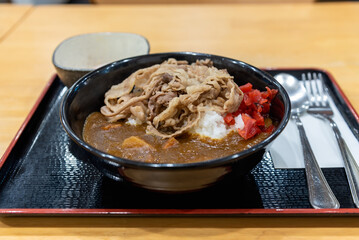 Beef rice bowl with egg, Gyudon, Yakinikudon Japanese food.