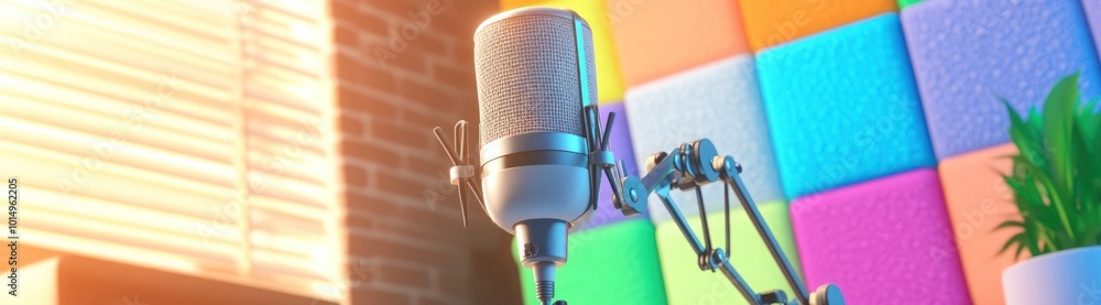 Poster close-up of a professional condenser microphone in a recording studio with soundproof tiles and a pl